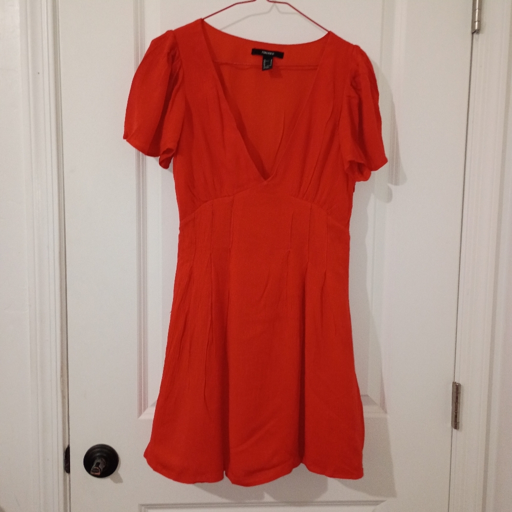Forever 21 Bright Red V-Neck Puff Sleeve Mini Dress